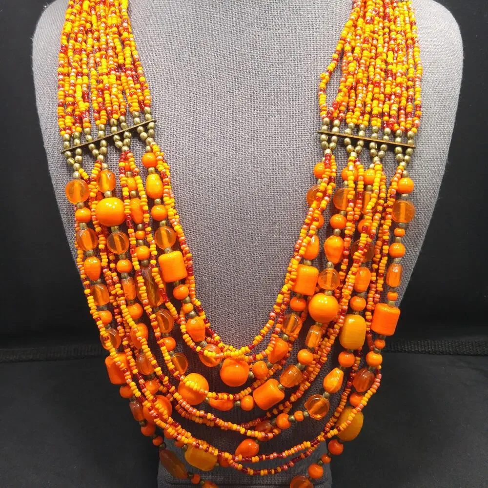 Vintage Czech Glass Bead Necklace, Orange Multistrand Boho Jewelry, 23 Inch